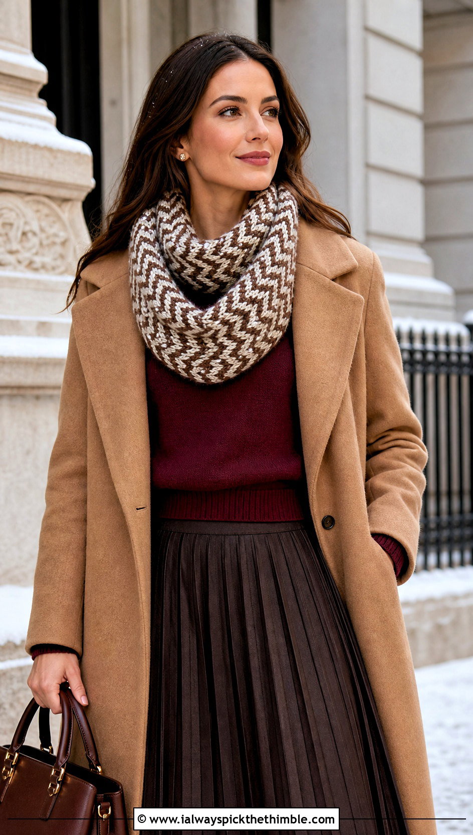 Brown And White Herringbone Crochet Cowl With Wool Coat - 15 brown and white crochet cowl outfit ideas