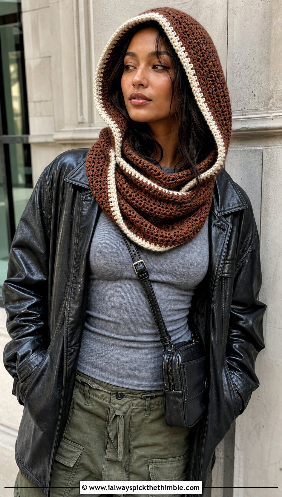 Brown And White Hooded Crochet Cowl With Leather Jacket - 15 brown and white crochet cowl outfit ideas