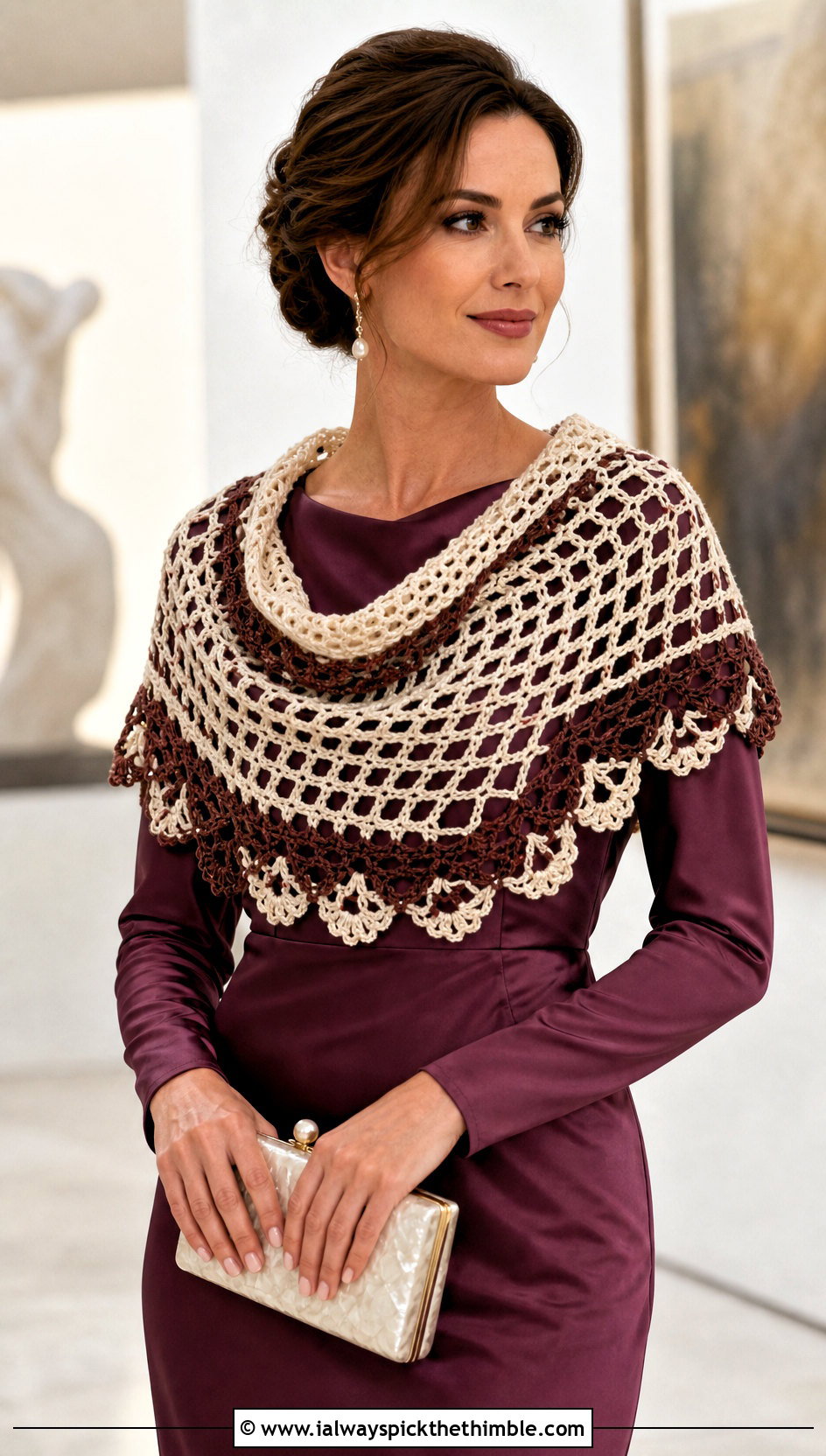 Brown And White Lace Mesh Crochet Cowl With Satin Dress - 15 brown and white crochet cowl outfit ideas