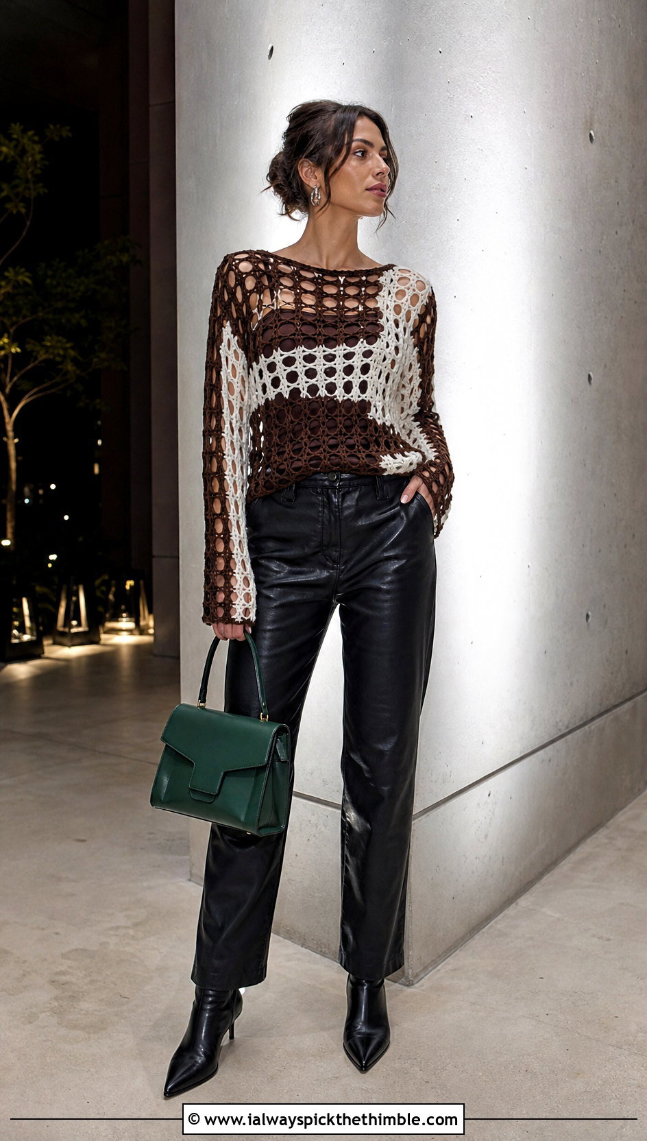 Brown And White Long Sleeve Openwork Top With Leather Pants - 20 brown and white crochet top outfit ideas