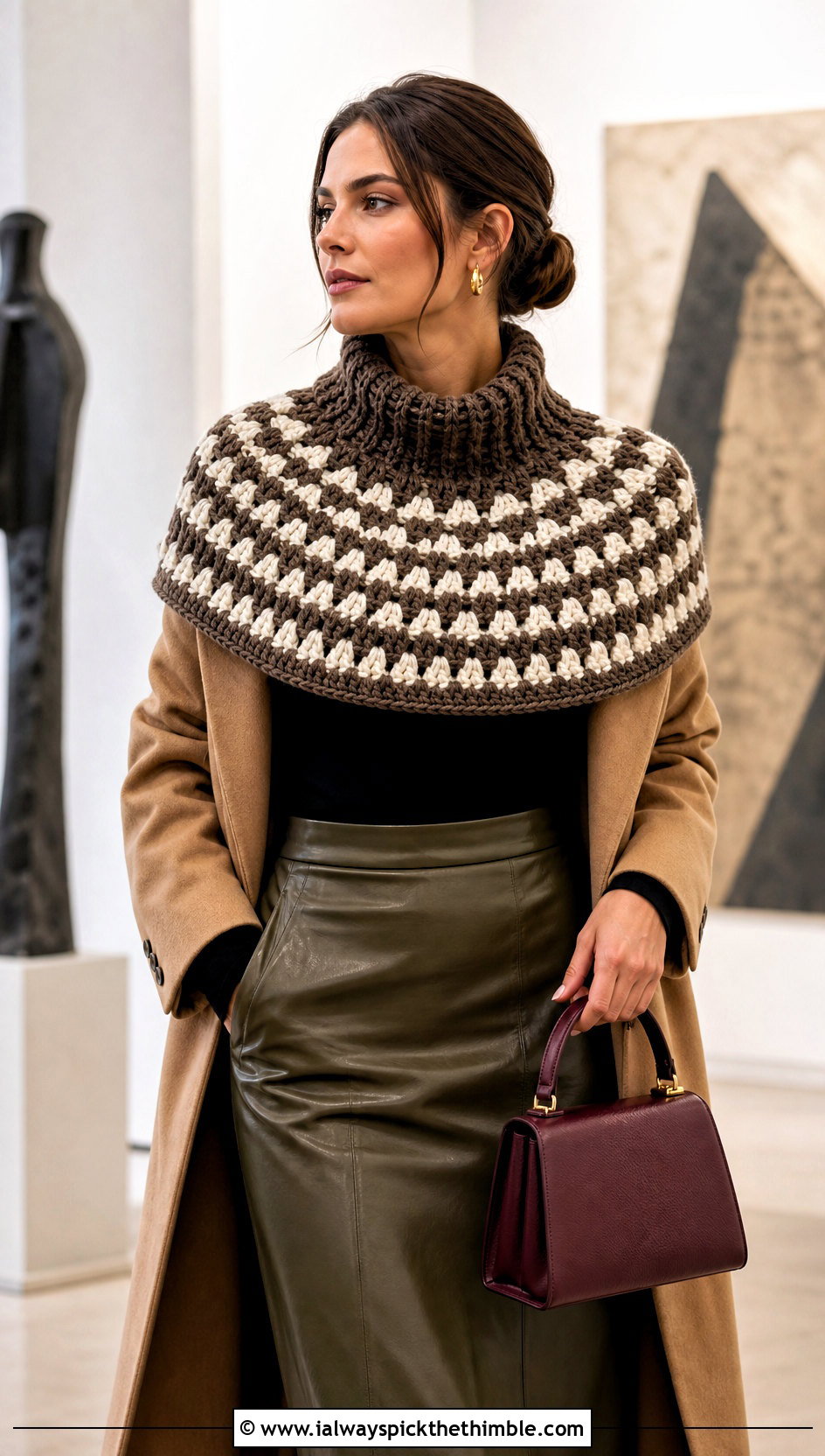 Brown And White Mini Poncho Crochet Cowl With Leather Skirt - 15 brown and white crochet cowl outfit ideas