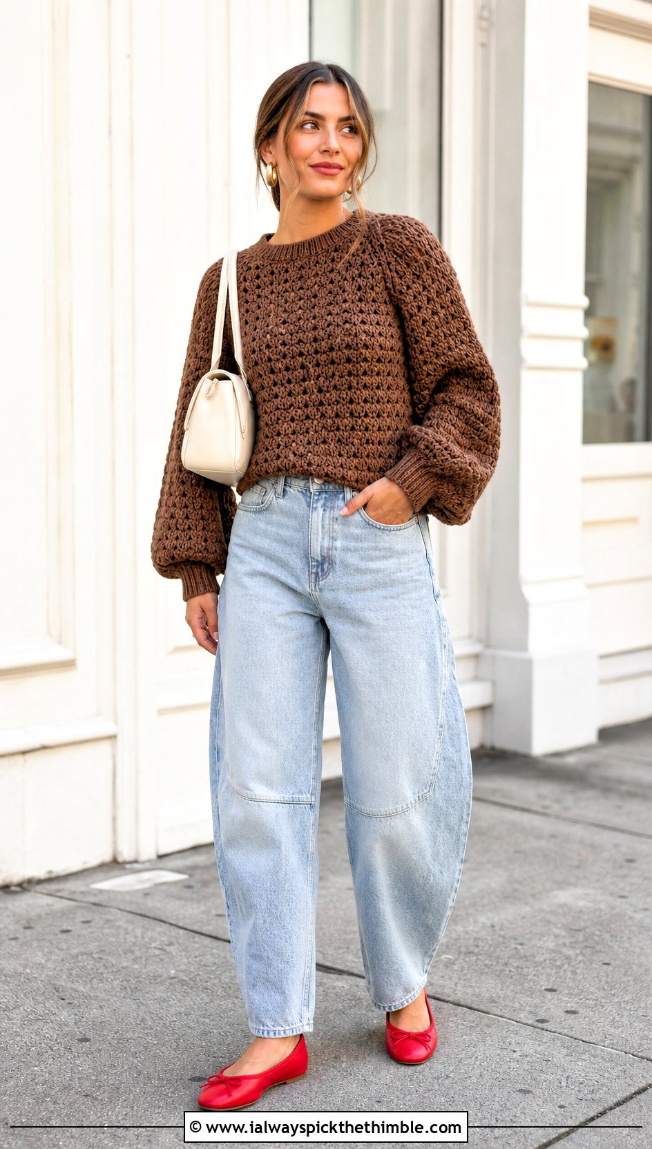 Brown Balloon Sleeve Crochet Sweater With Barrel Jeans - 15 brown crochet sweater outfit ideas
