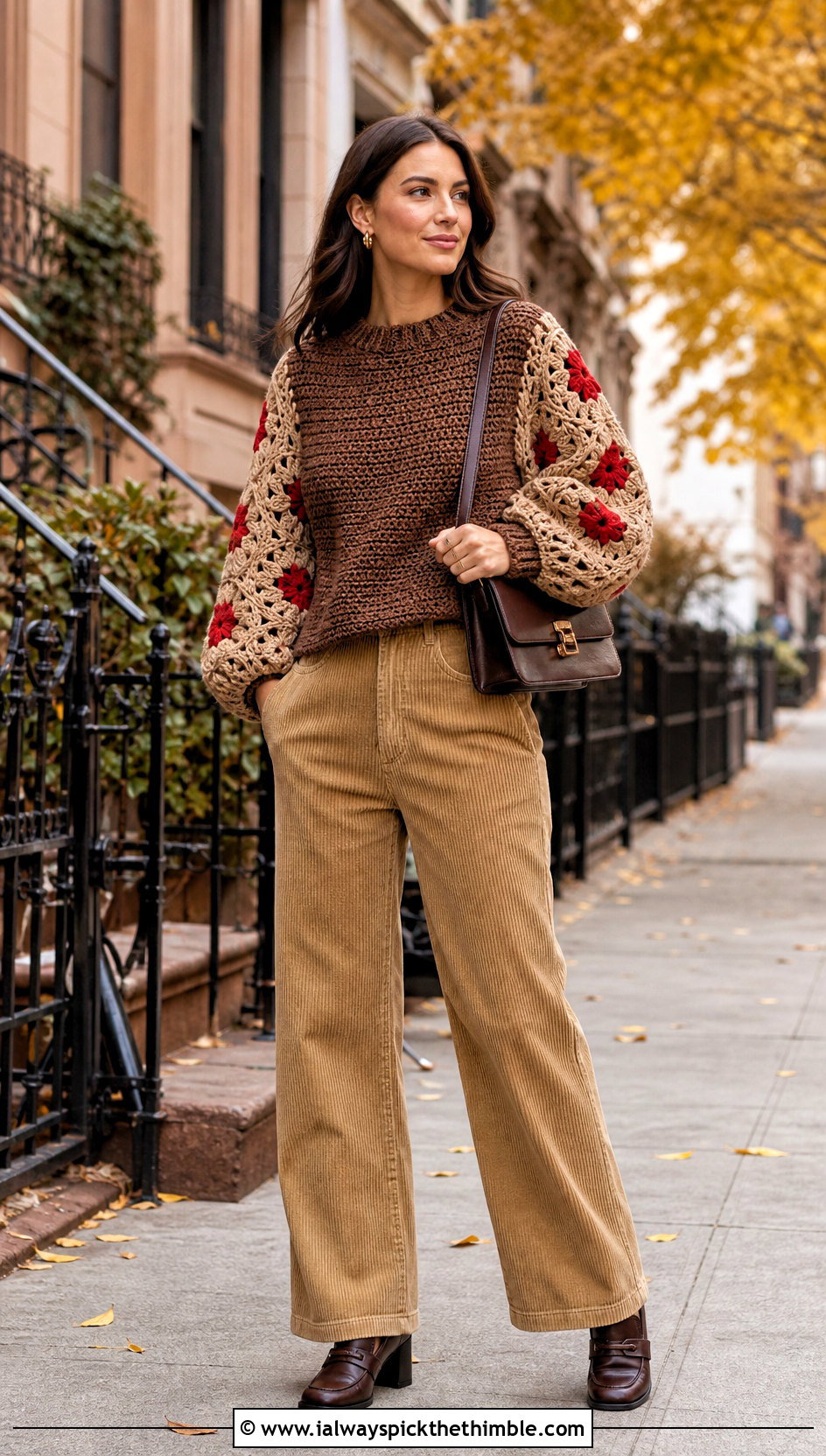 Brown Balloon Sleeve Crochet Sweater With Corduroy Pants - 20 Brown And Beige Crochet Sweater outfit ideas