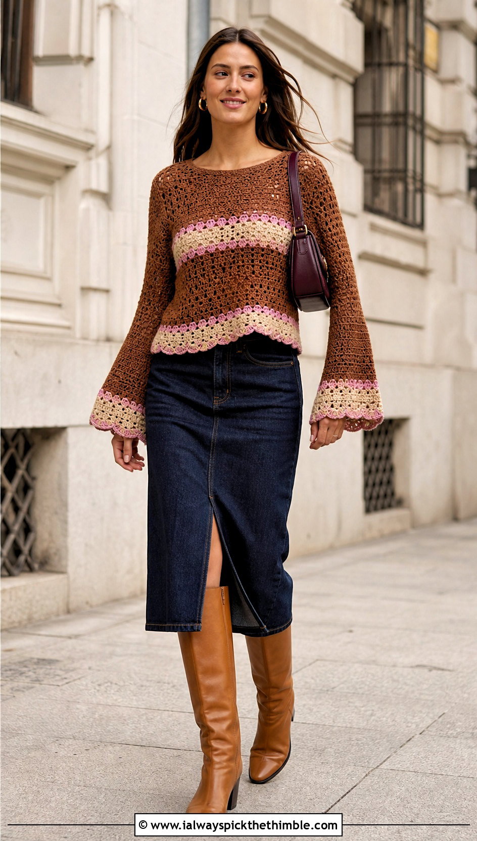 Brown Bell Sleeve Crochet Sweater With Denim Midi Skirt - 20 Brown And Beige Crochet Sweater outfit ideas