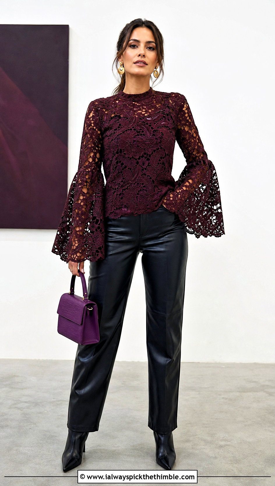 Brown Bell Sleeve Lace Crochet Top With Leather Pants - 15 Brown Lace Crochet Top outfit ideas