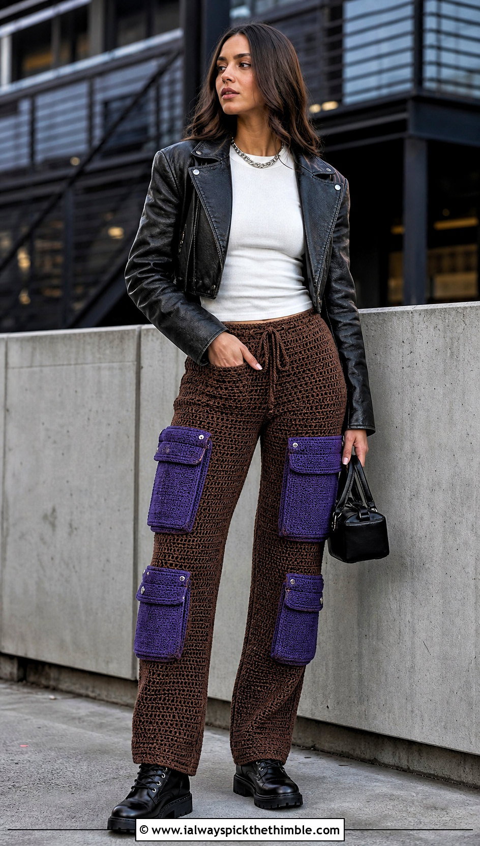 Brown Cargo Crochet Pants With Leather Jacket - 20 brown crochet pants outfit ideas