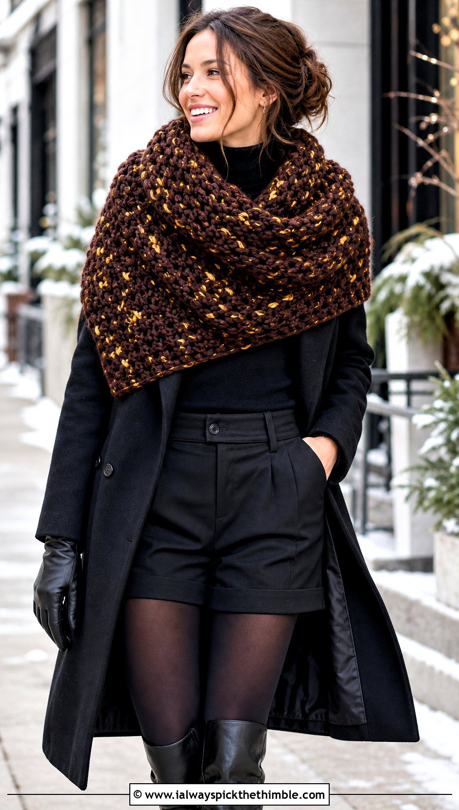 Brown Chunky Crochet Shawl With Turtleneck And Tailored Shorts - 15 Brown Crochet Shawl outfit ideas