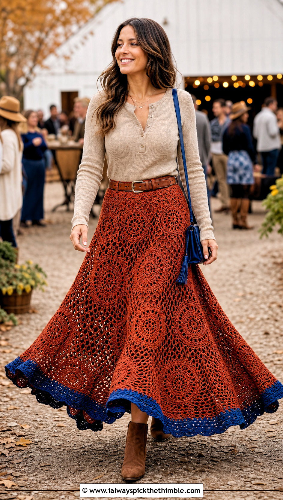 Brown Circle Crochet Maxi Skirt With Fitted Henley Top - 25 brown crochet skirt outfit ideas