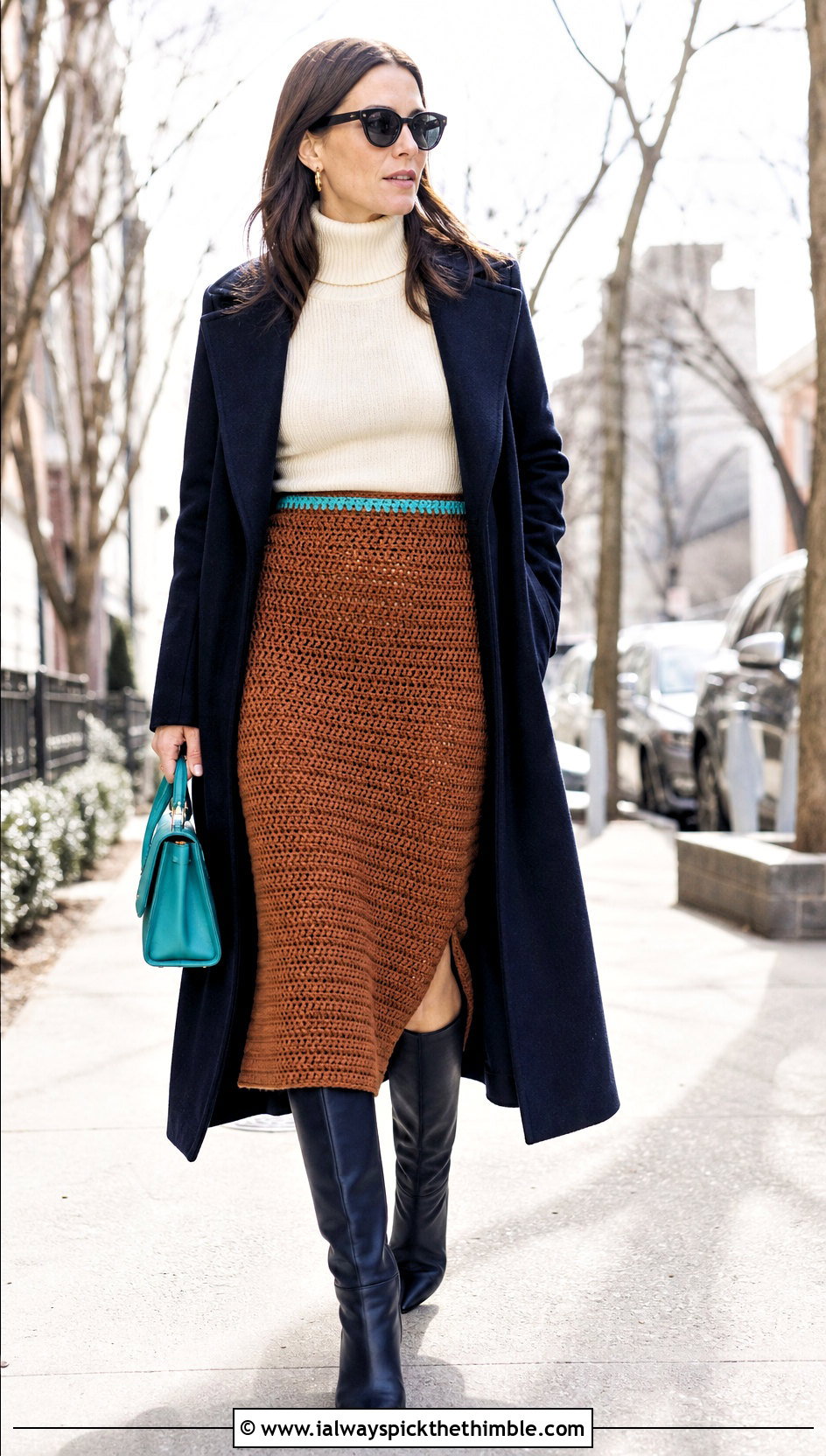 Brown Column Crochet Midi Skirt With Longline Coat - 25 brown crochet skirt outfit ideas