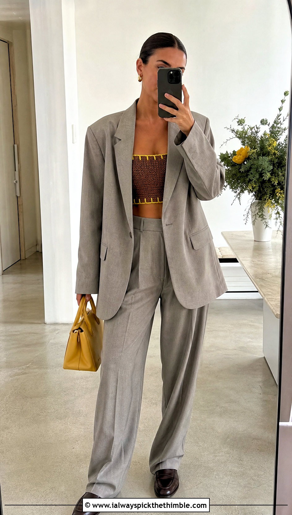 Brown Crochet Bandeau Top With Oversized Blazer - 25 crochet brown top outfit ideas