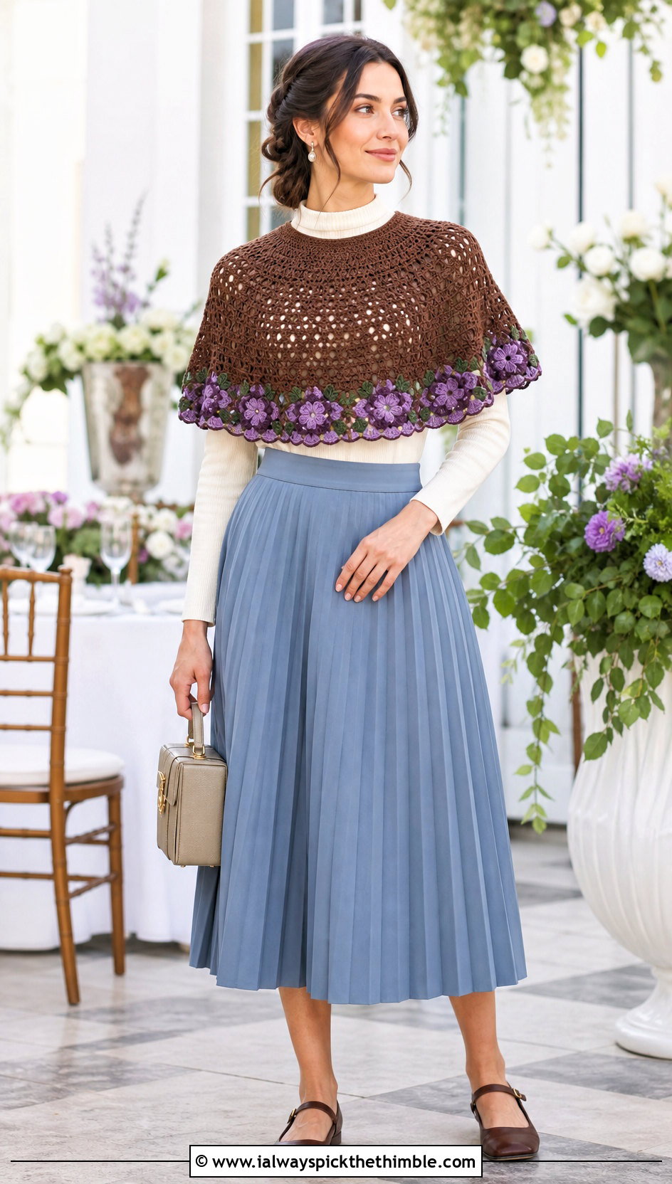 Brown Crochet Capelet Shawl With Pleated Midi Skirt - 15 Brown Crochet Shawl outfit ideas