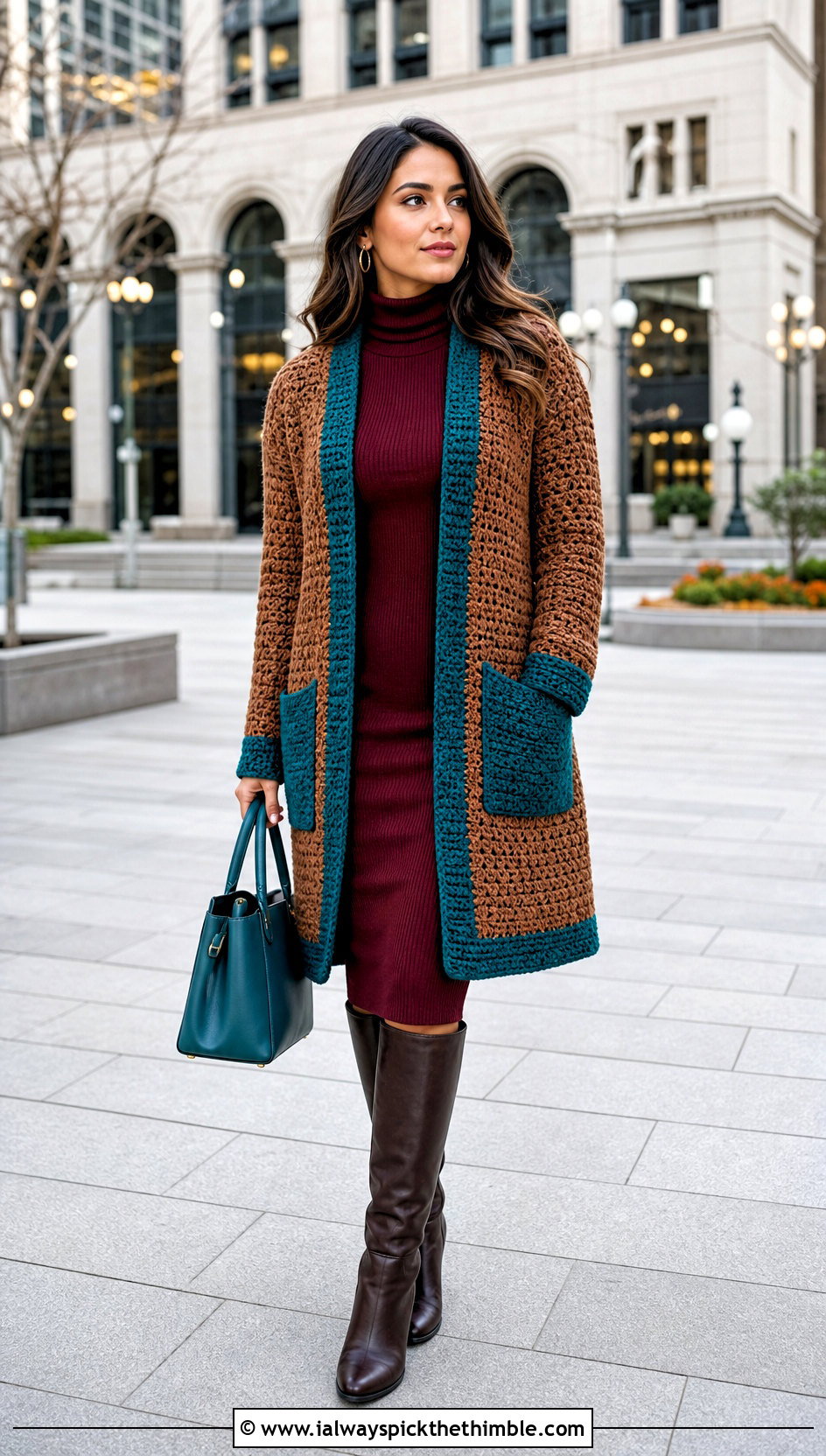 Brown Crochet Cardigan Coat With Sweater Dress - 25 Brown Crochet Cardigan outfit ideas