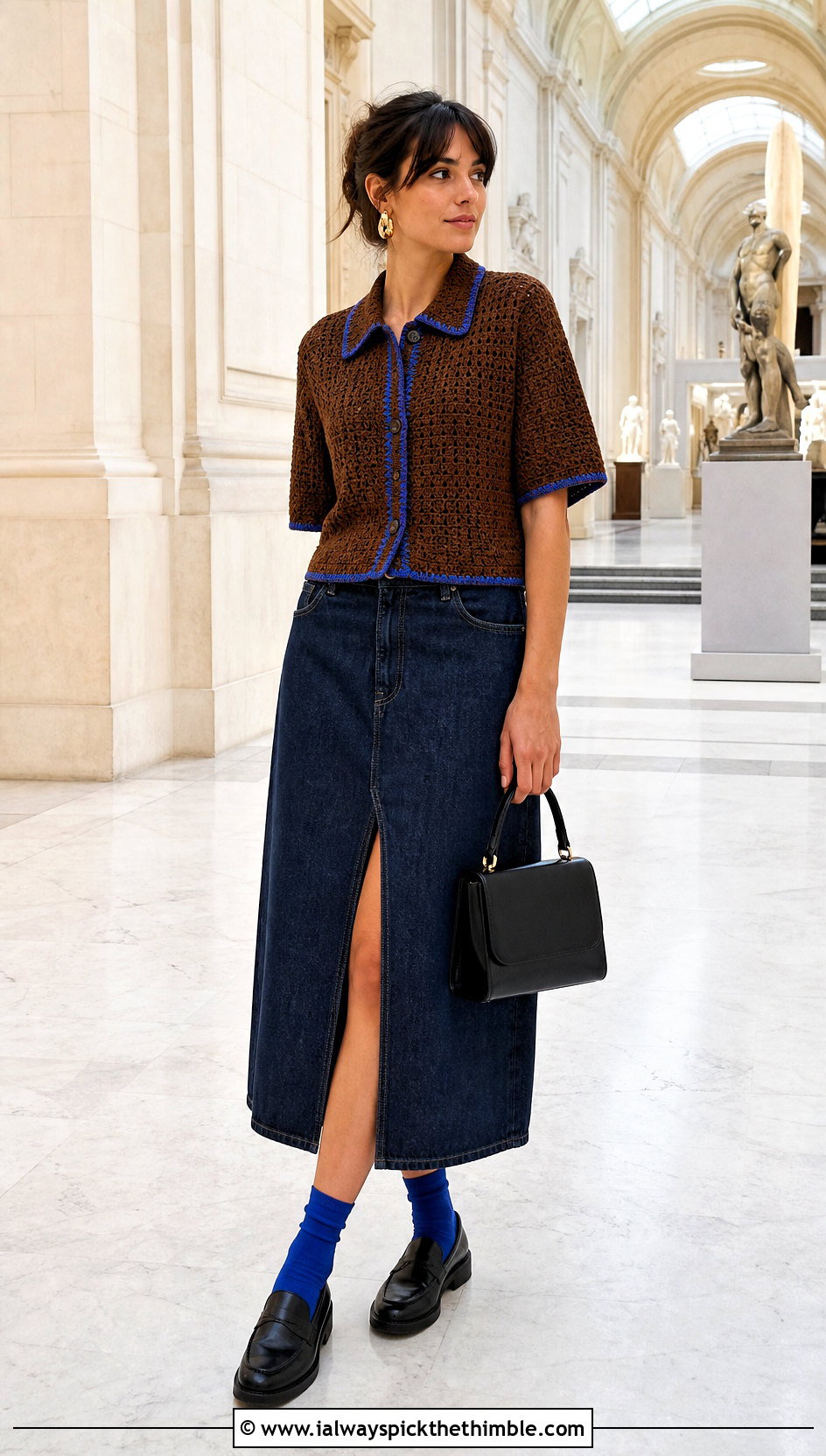 Brown Crochet Collared Shirt With Denim Midi Skirt - 25 crochet brown top outfit ideas