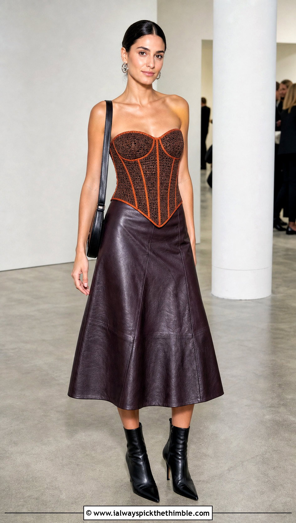 Brown Crochet Corset Top With Leather Midi Skirt - 15 brown crochet top outfit ideas