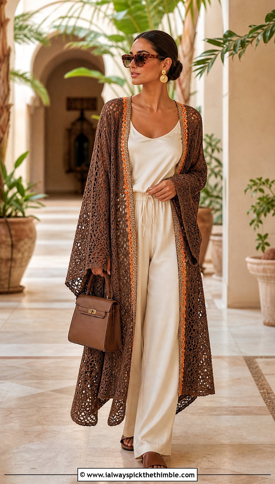 Brown Crochet Kaftan Cover Up With Silk Pants - 20 brown crochet cover up outfit ideas