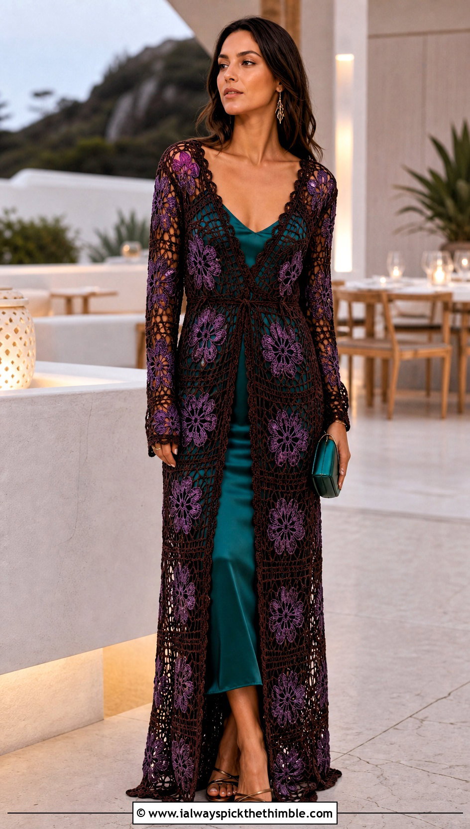 Brown Crochet Lace Maxi Cover Up With Teal Slip Dress - 20 brown crochet cover up outfit ideas