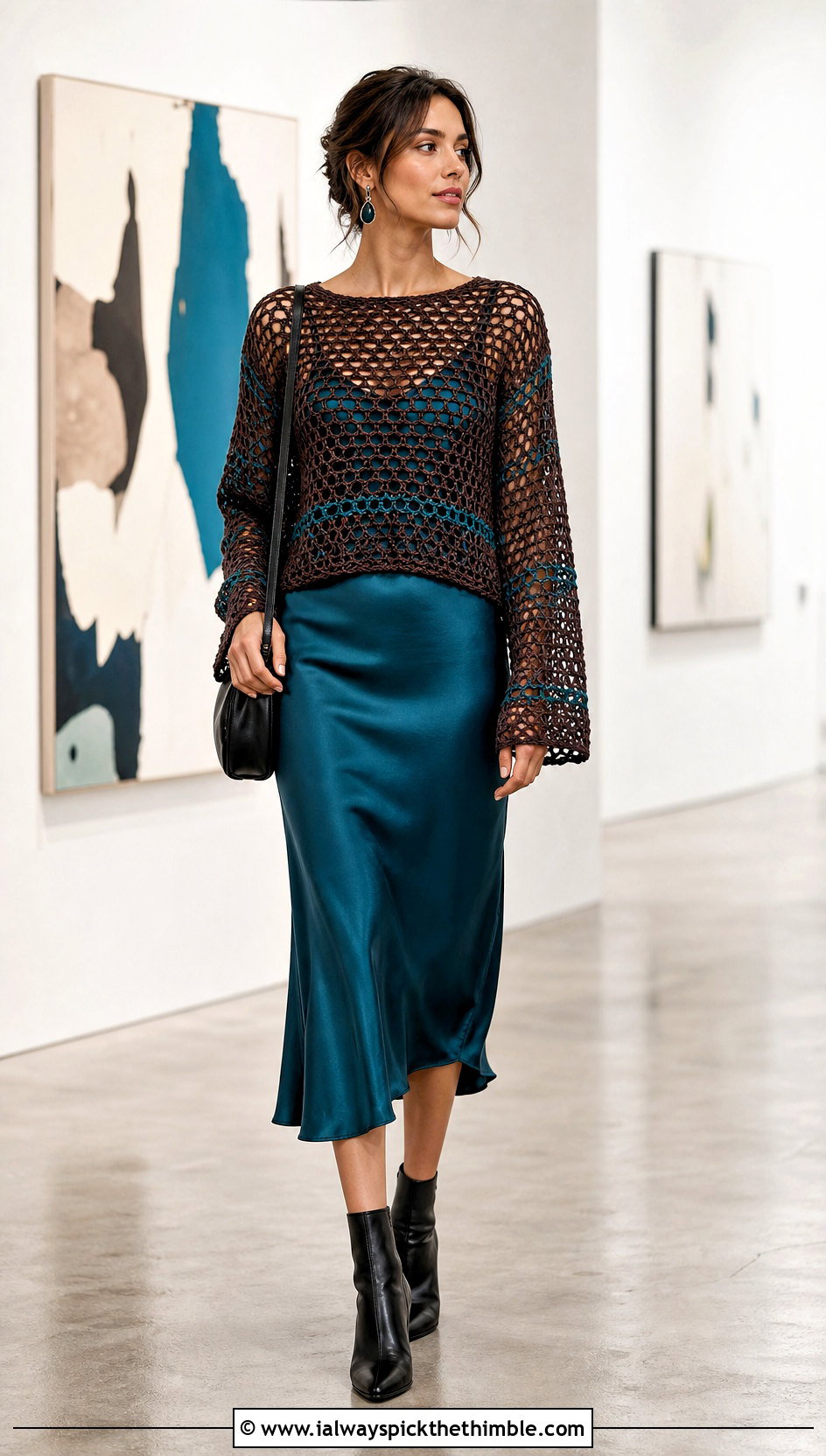 Brown Crochet Mesh Top With Slip Dress - 25 crochet brown top outfit ideas