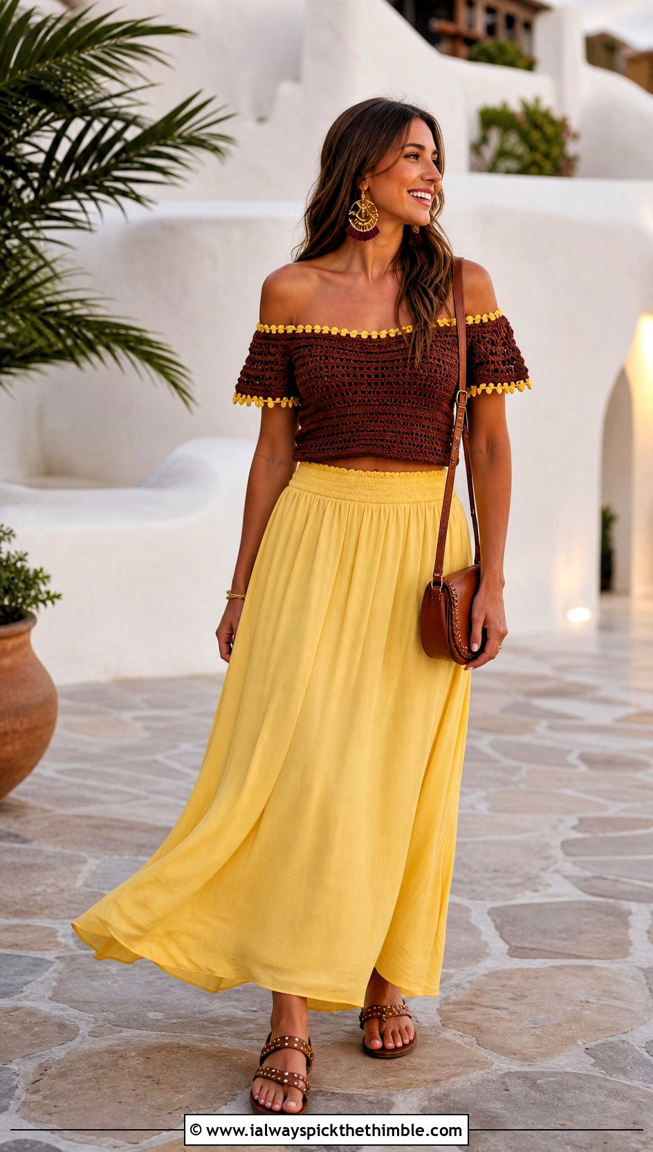 Brown Crochet Off Shoulder Top With Maxi Skirt - 25 crochet brown top outfit ideas