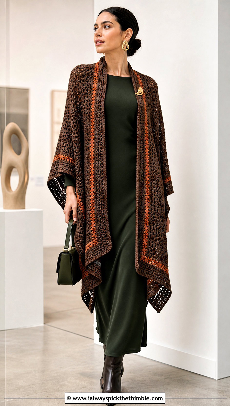 Brown Crochet Ruana Shawl With Column Dress - 15 Brown Crochet Shawl outfit ideas