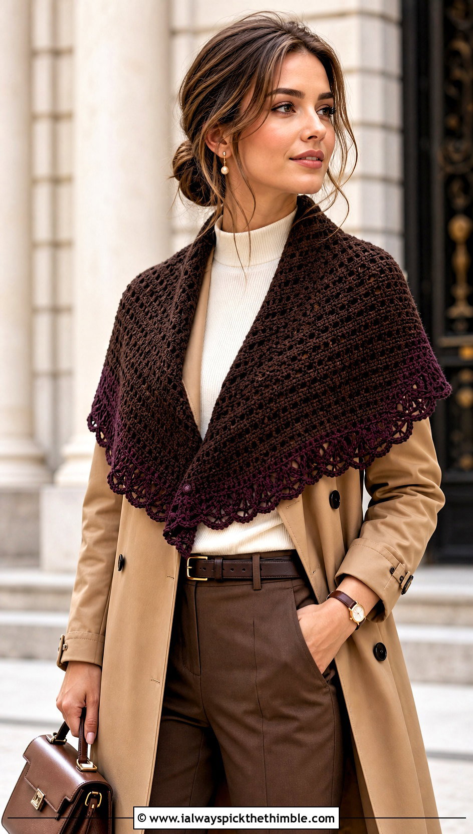 Brown Crochet Shawlette With Trench Coat And Trousers - 15 Brown Crochet Shawl outfit ideas