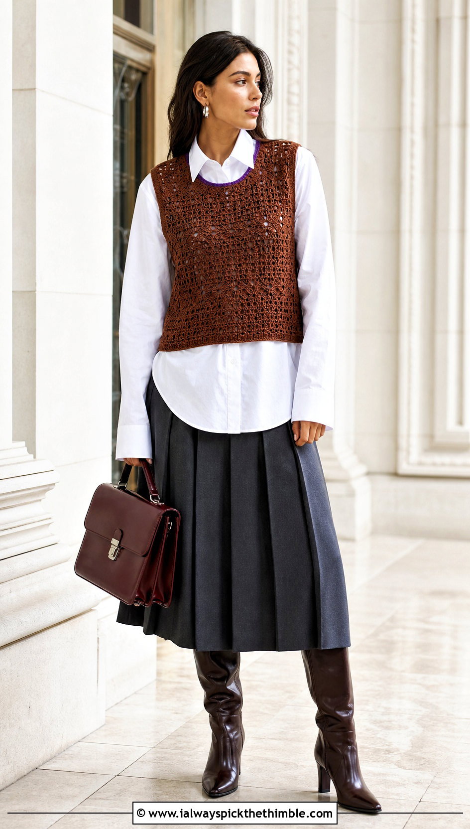 Brown Crochet Sweater Vest With Poplin Shirt And Pleated Skirt - 15 brown crochet sweater outfit ideas