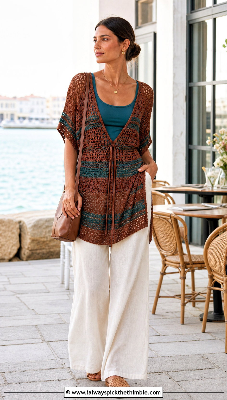 Brown Crochet Tunic Cover Up With Linen Pants - 20 brown crochet cover up outfit ideas