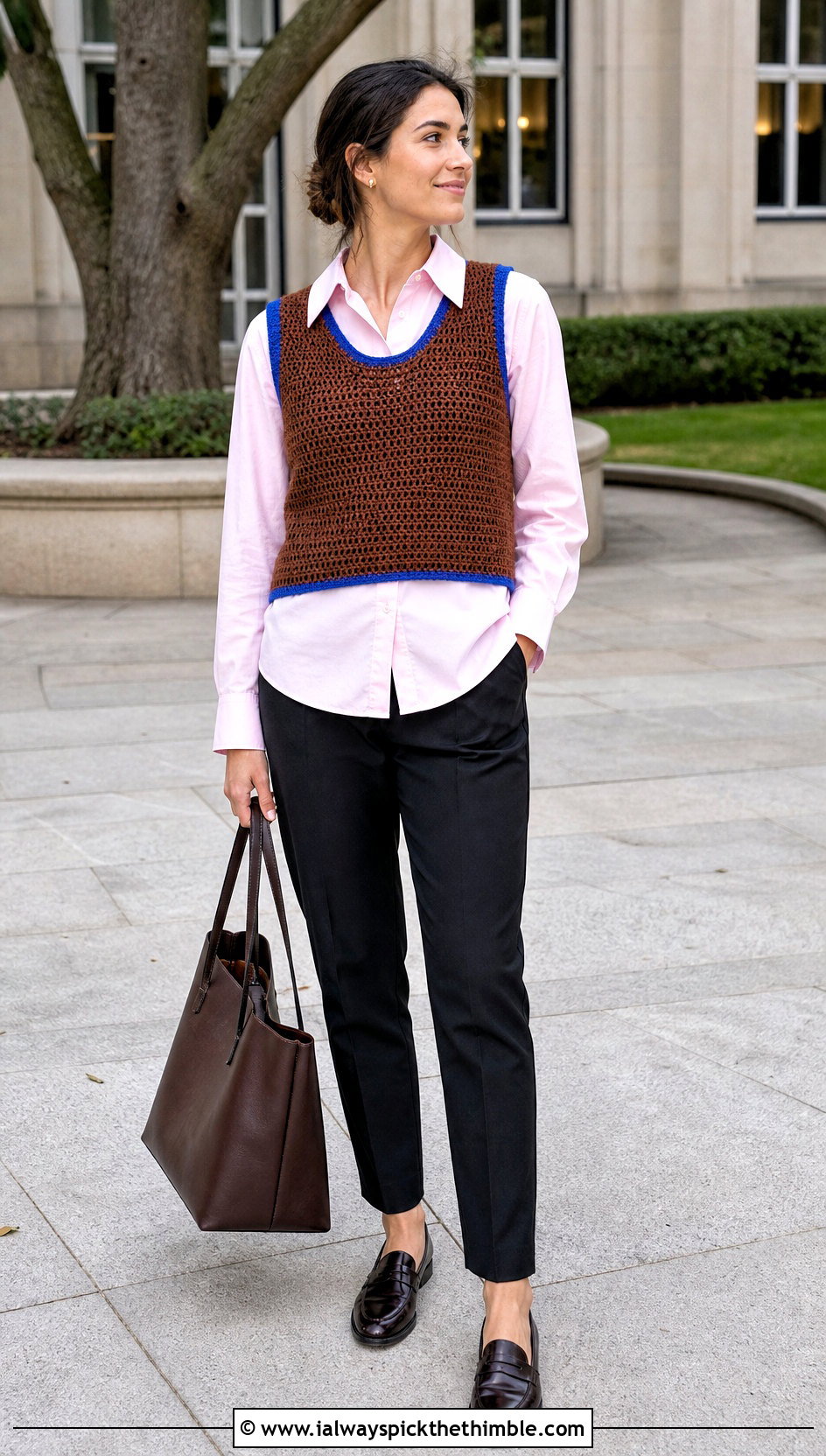 Brown Crochet Vest Top With Button Down Shirt - 25 crochet brown top outfit ideas