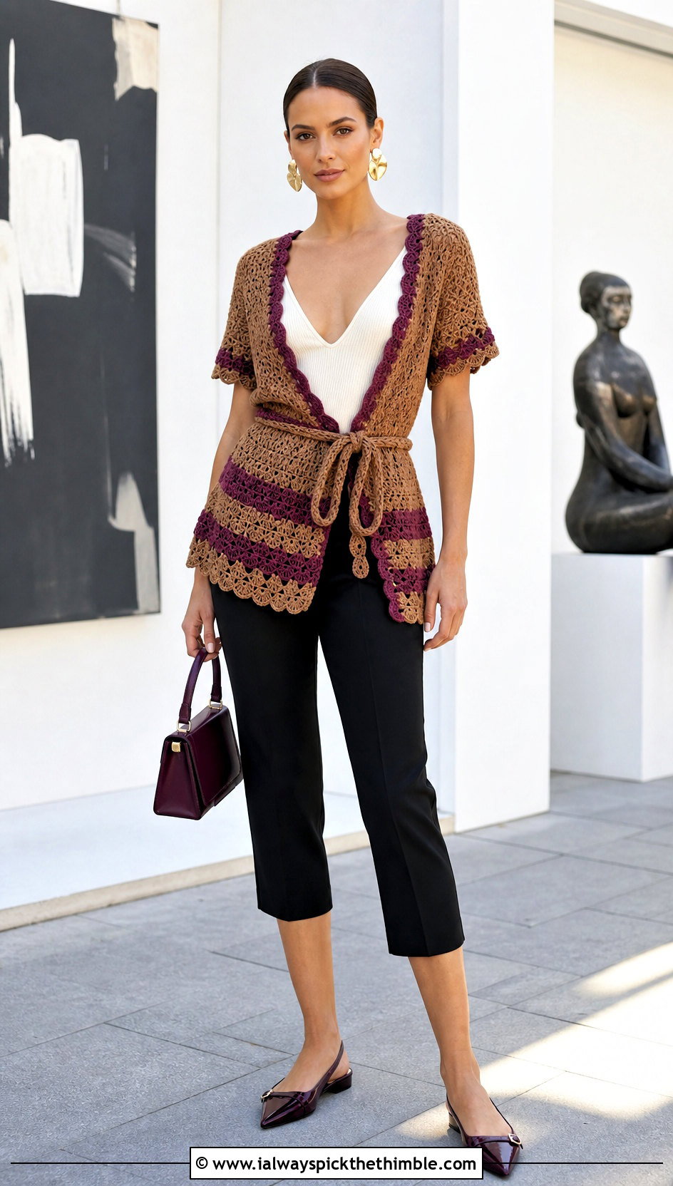 Brown Crochet Wrap Mini Cover Up With Capri Pants - 20 brown crochet cover up outfit ideas