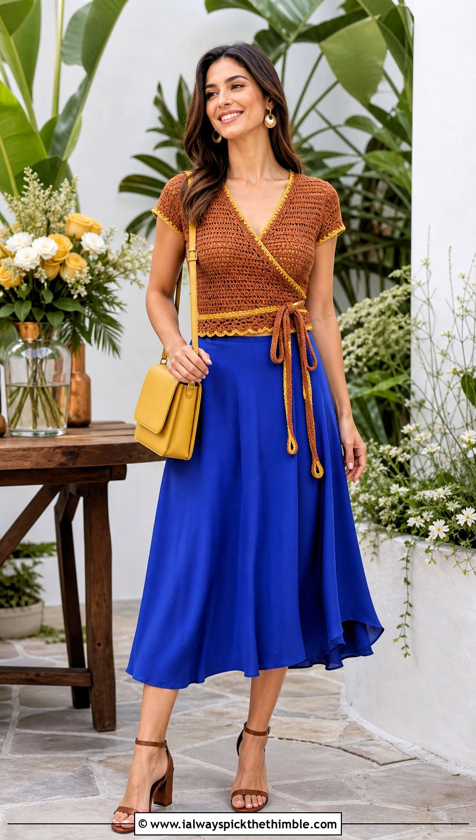 Brown Crochet Wrap Top With A Line Skirt - 25 crochet brown top outfit ideas
