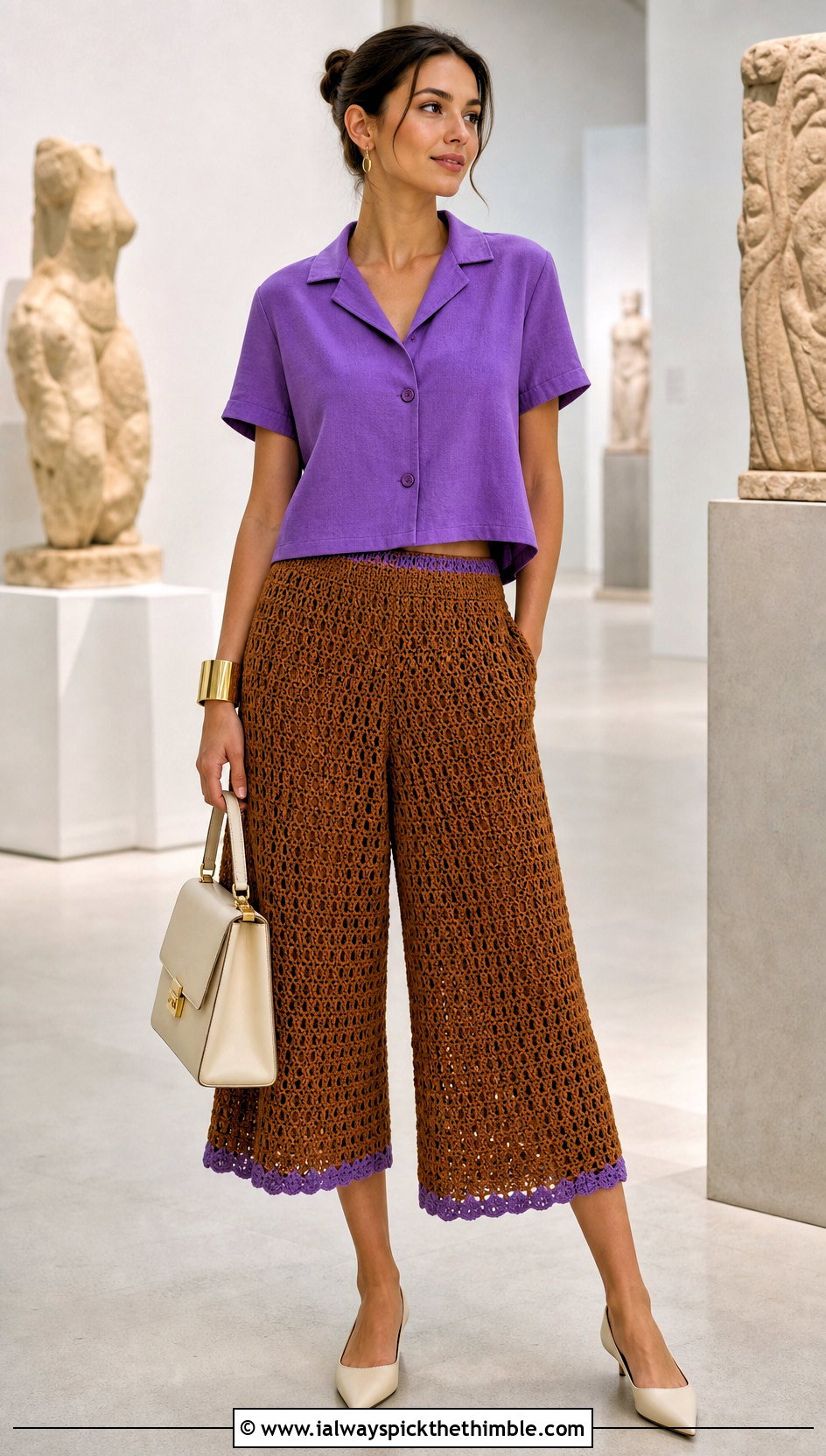Brown Culotte Crochet Pants With Boxy Blouse - 20 brown crochet pants outfit ideas