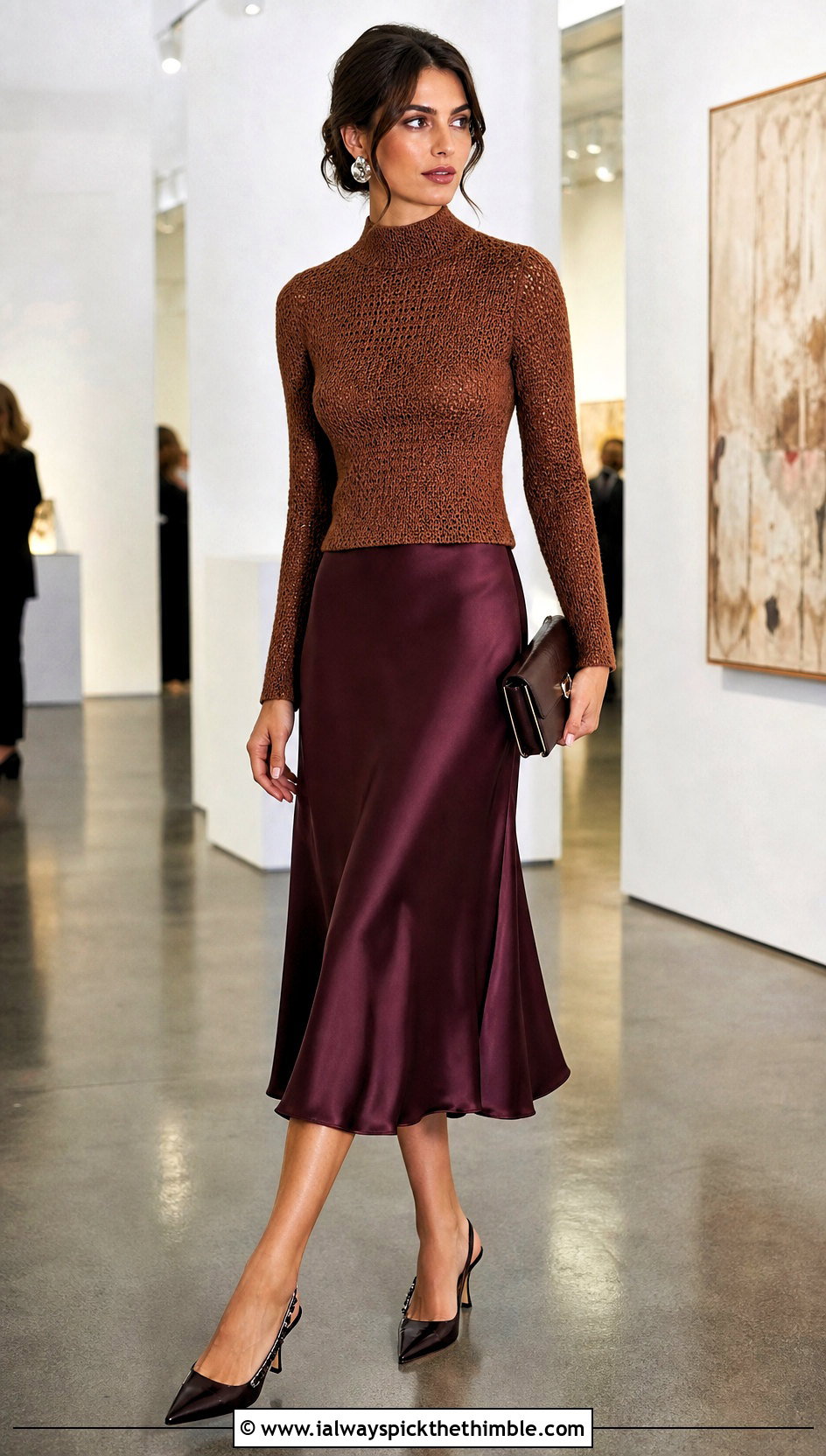 Brown Fitted Mock Neck Crochet Sweater With Satin Midi Skirt - 15 brown crochet sweater outfit ideas
