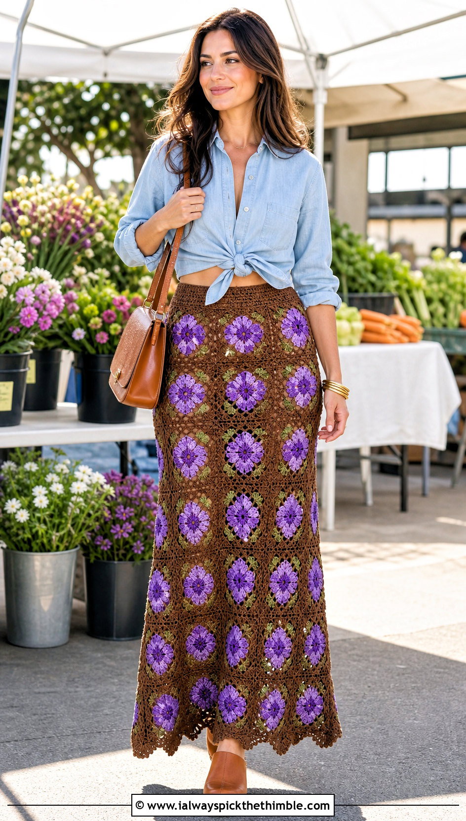 Brown Floral Motif Crochet Maxi Skirt With Chambray Shirt - 20 Brown Crochet Maxi Skirt outfit ideas