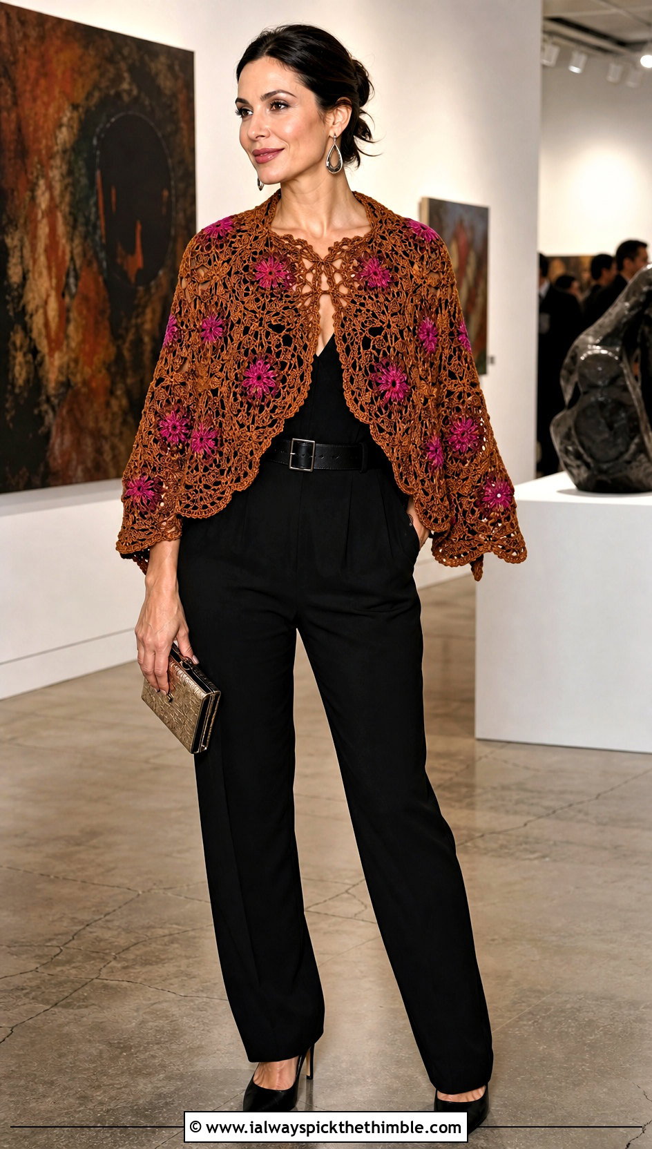 Brown Floral Motif Crochet Shawl With Black Jumpsuit - 15 Brown Crochet Shawl outfit ideas