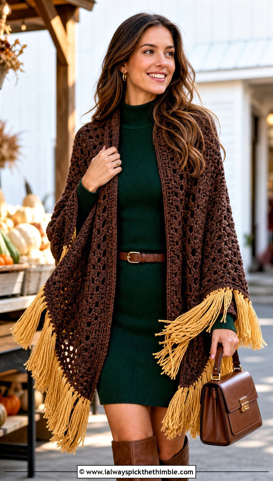 Brown Fringed Crochet Shawl With Sweater Dress - 15 Brown Crochet Shawl outfit ideas