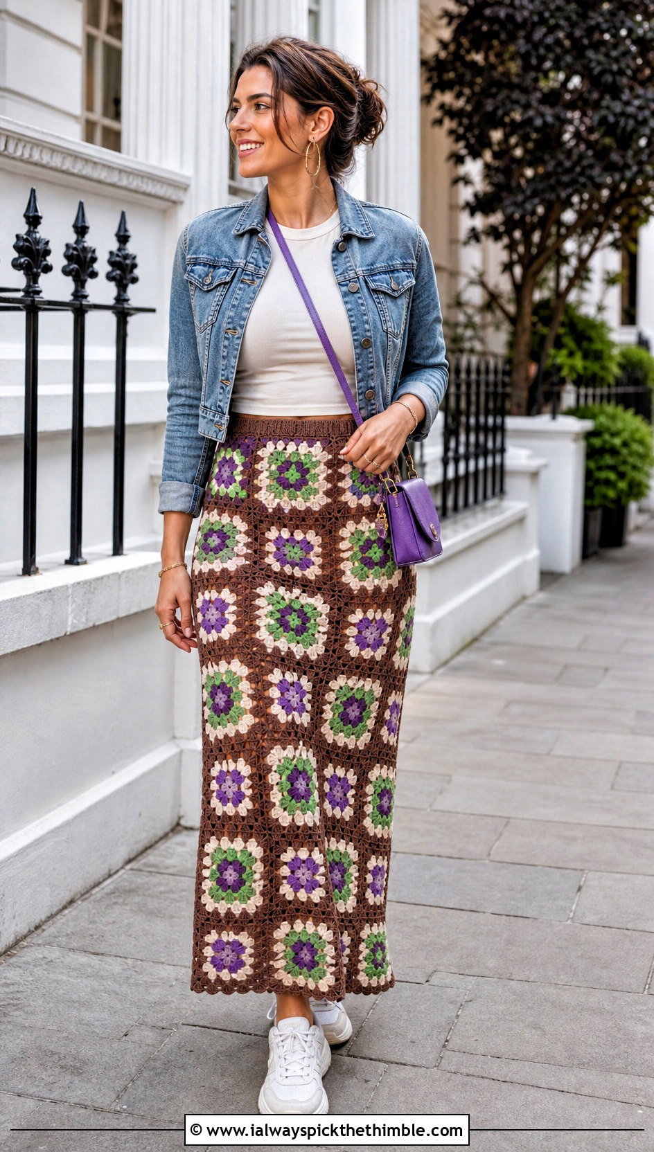Brown Granny Square Crochet Maxi Skirt With Denim Jacket - 20 Brown Crochet Maxi Skirt outfit ideas