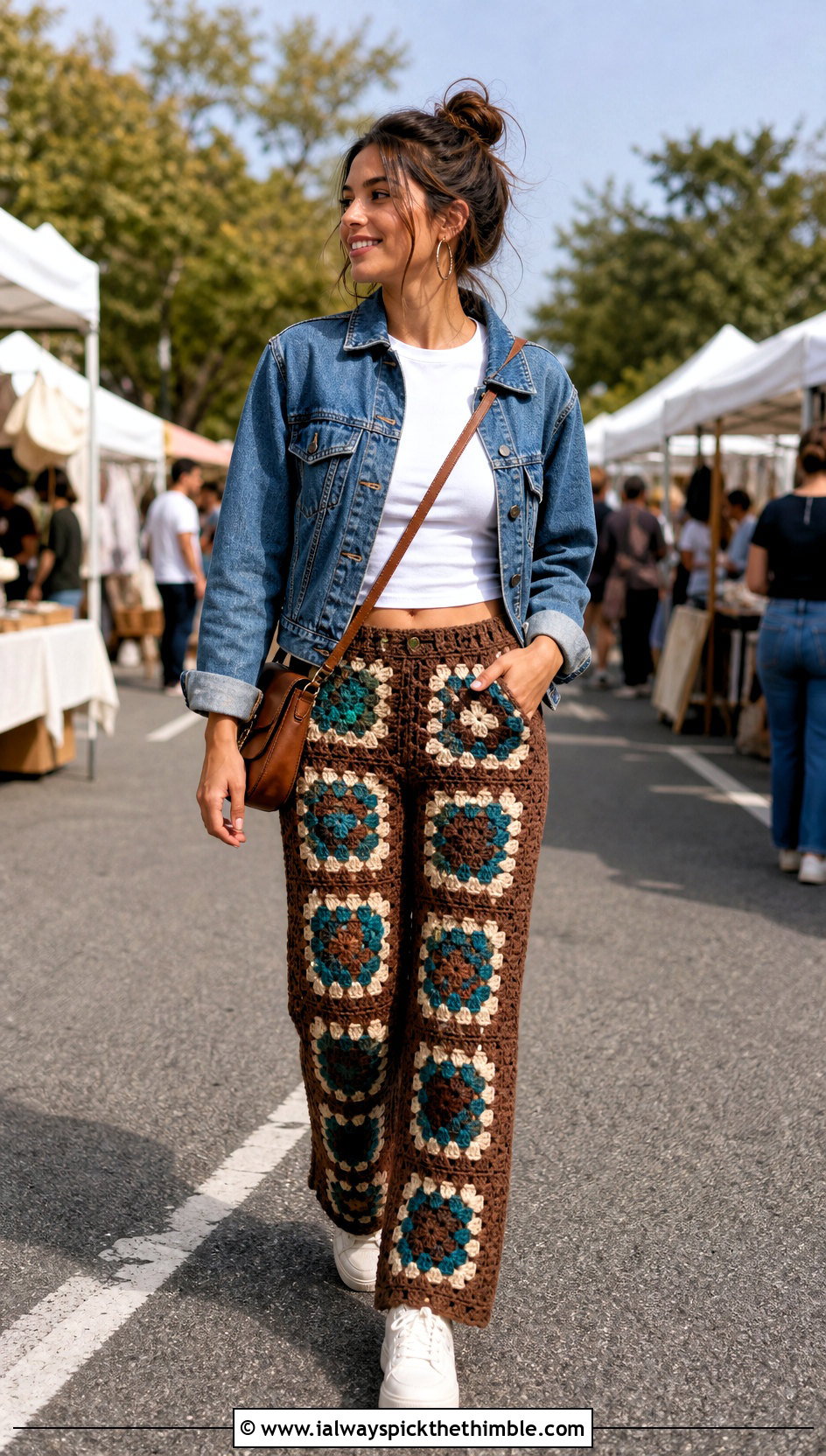 Brown Granny Square Crochet Pants With Denim Jacket - 20 brown crochet pants outfit ideas