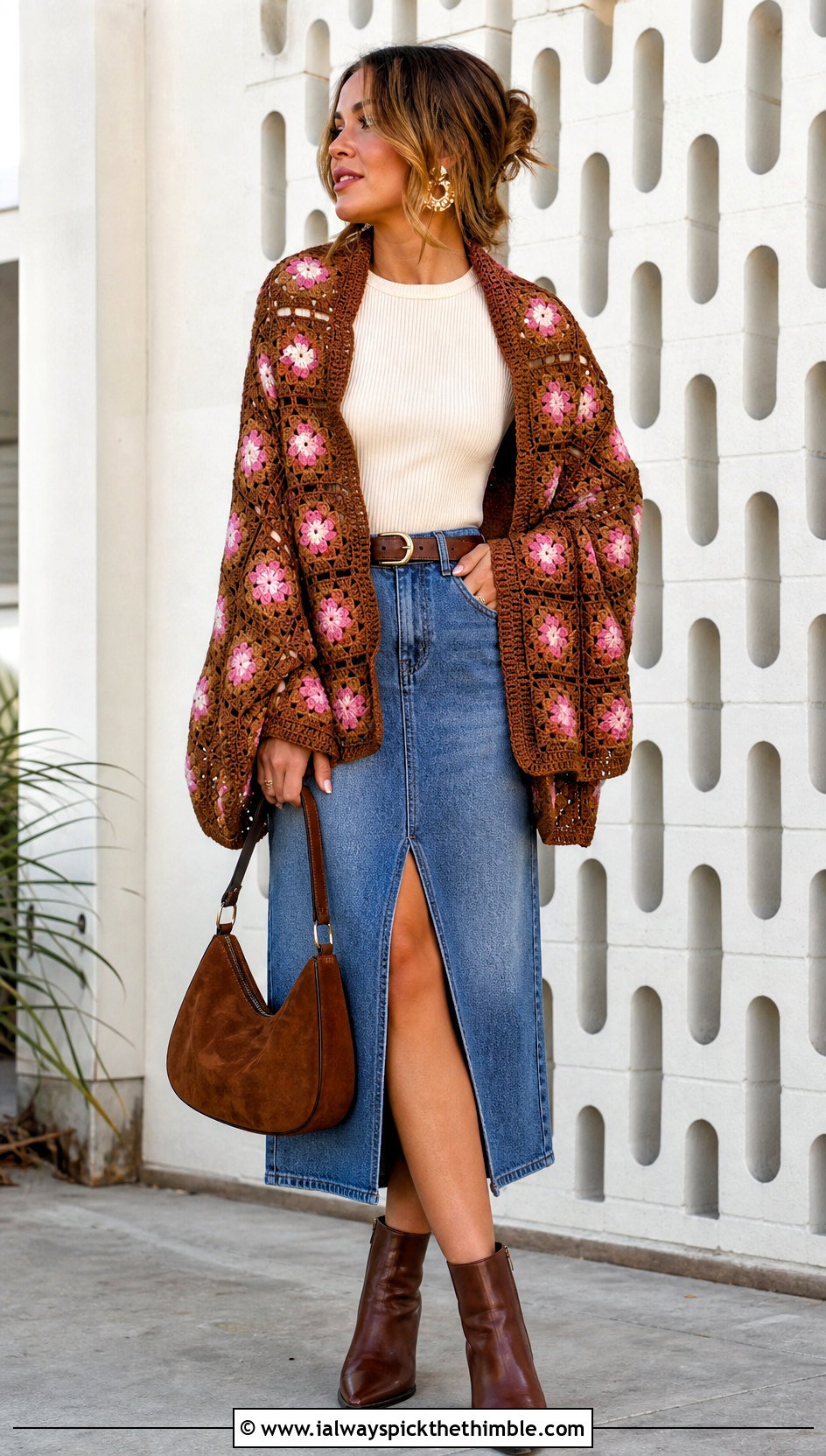 Brown Granny Square Crochet Shawl With Denim Skirt - 15 Brown Crochet Shawl outfit ideas