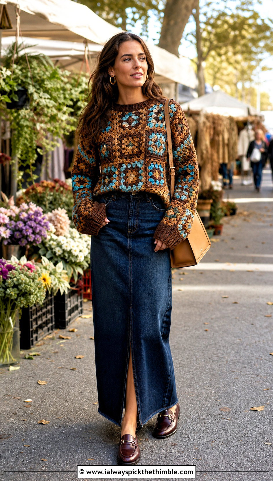 Brown Granny Square Crochet Sweater With Denim Maxi Skirt - 15 brown crochet sweater outfit ideas