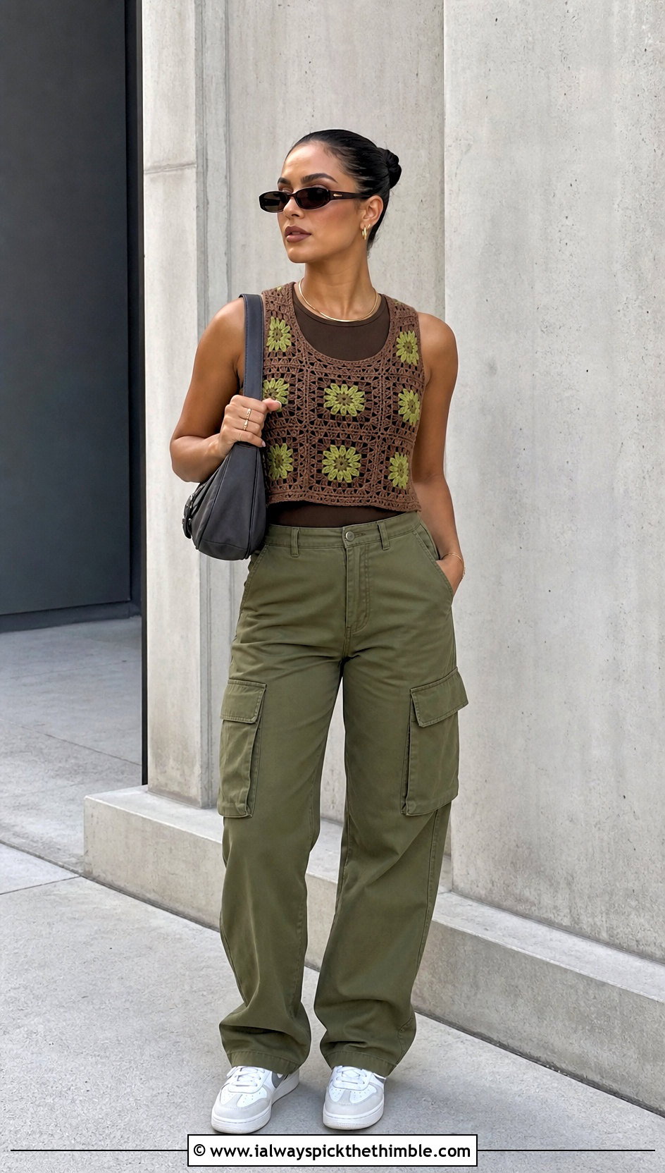 Brown Granny Square Crochet Tank With Cargo Pants - 15 brown crochet top outfit ideas