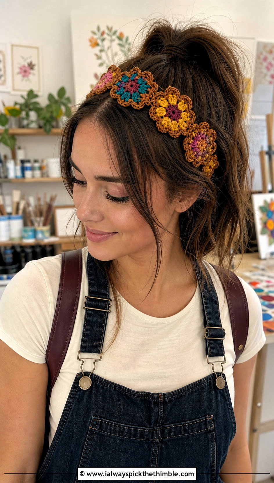 Brown Granny Square Flower Headband With Overalls And T Shirt - 15 brown crochet headband with flower outfit ideas