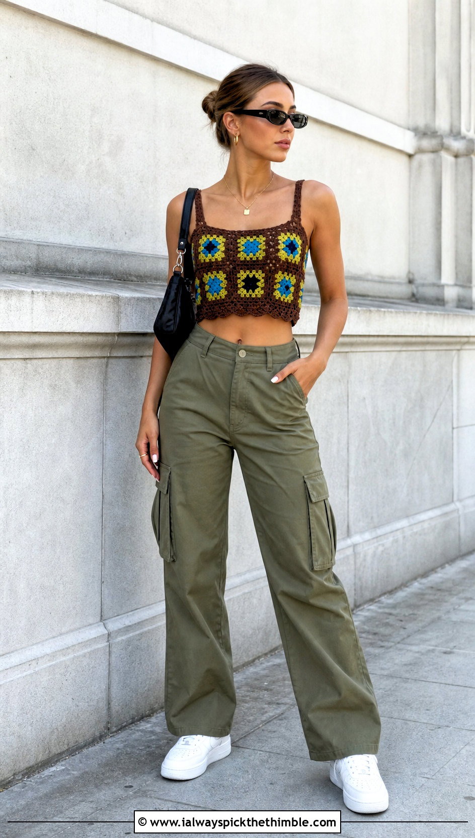 Brown Granny Square Lace Crochet Crop Top With Cargo Pants - 15 Brown Lace Crochet Top outfit ideas