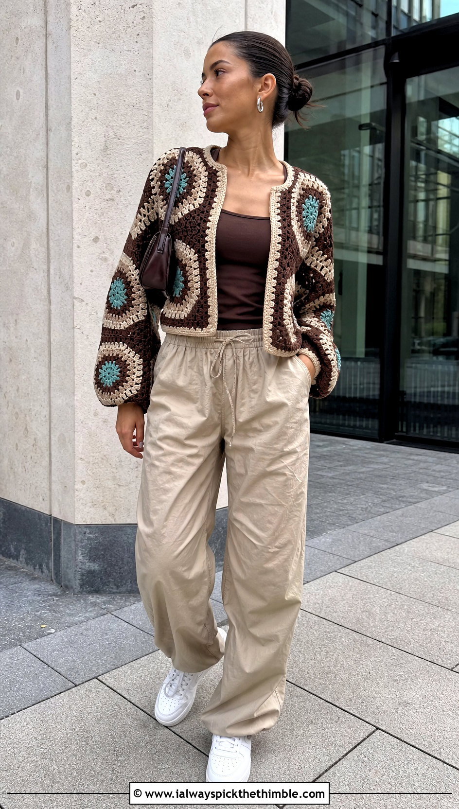 Brown Hexagon Crochet Sweater With Parachute Pants - 20 Brown And Beige Crochet Sweater outfit ideas