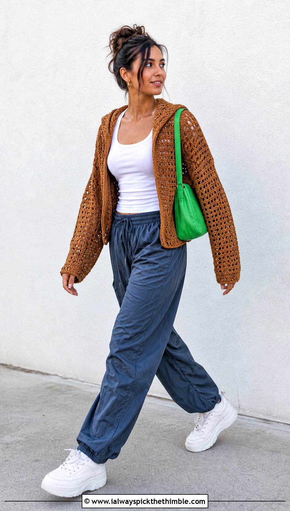 Brown Hooded Crochet Sweater With Parachute Pants - 15 brown crochet sweater outfit ideas