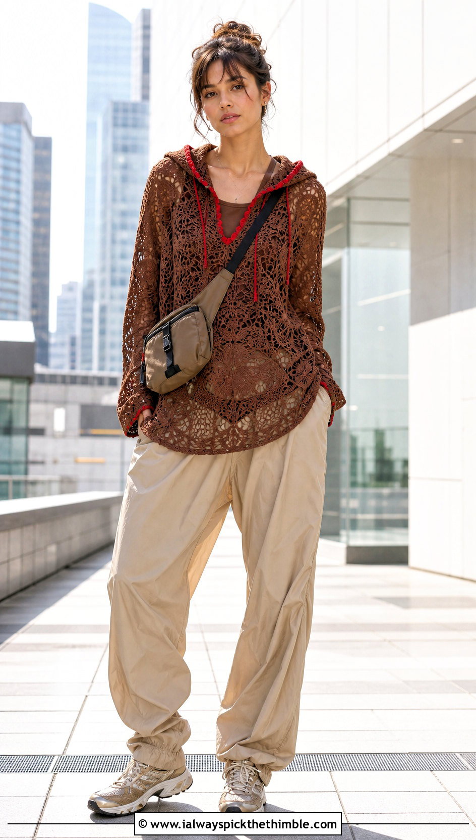 Brown Hooded Lace Crochet Top With Parachute Pants - 15 Brown Lace Crochet Top outfit ideas