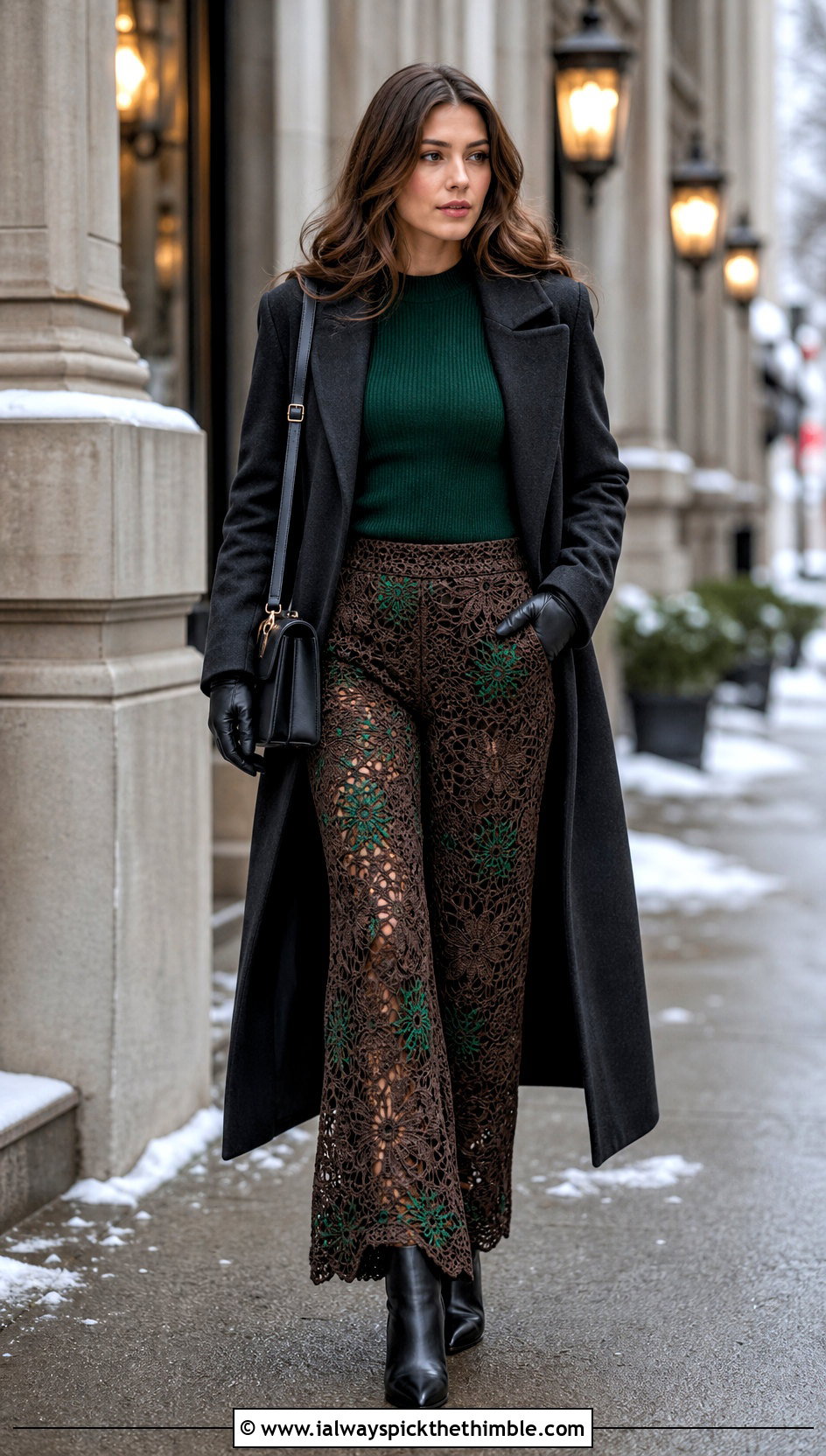 Brown Lace Crochet Pants With Long Coat - 20 brown crochet pants outfit ideas