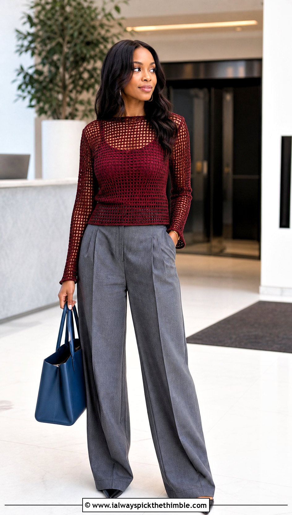 Brown Mesh Crochet Long Sleeve Top With Tailored Trousers - 15 brown crochet top outfit ideas