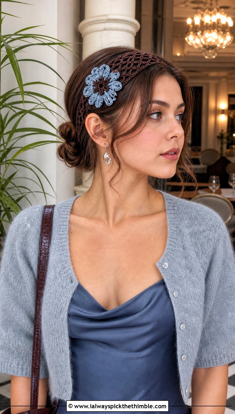 Brown Mesh Flower Crochet Headband With Slip Dress And Cardigan - 15 brown crochet headband with flower outfit ideas