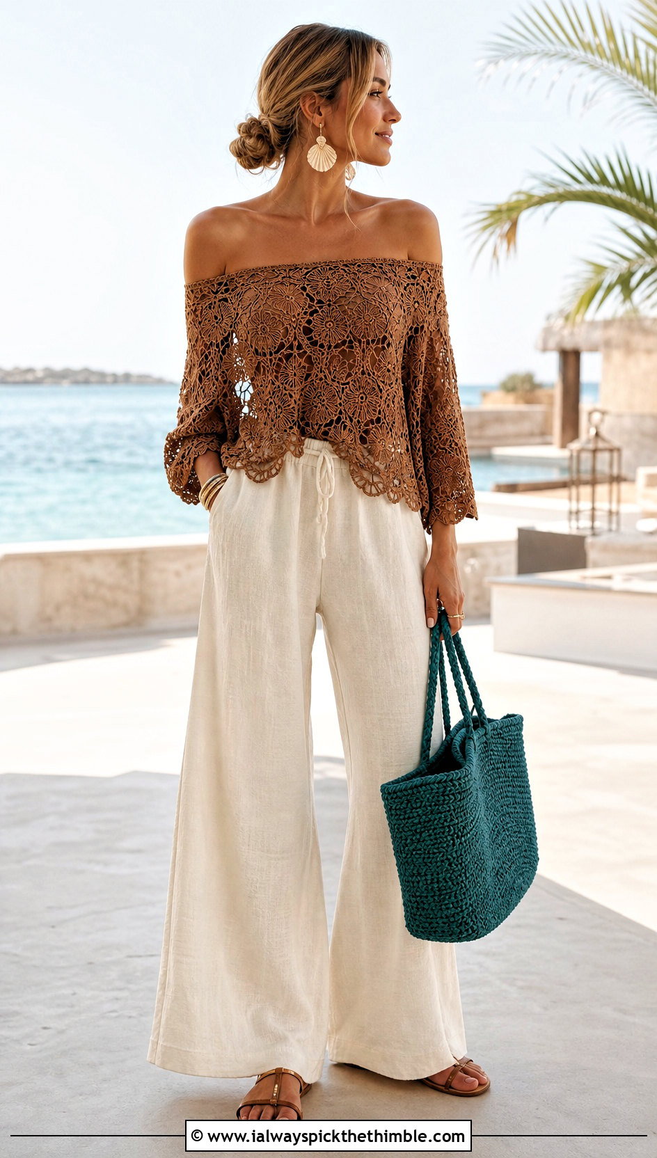 Brown Off Shoulder Lace Crochet Top With Linen Pants - 15 Brown Lace Crochet Top outfit ideas