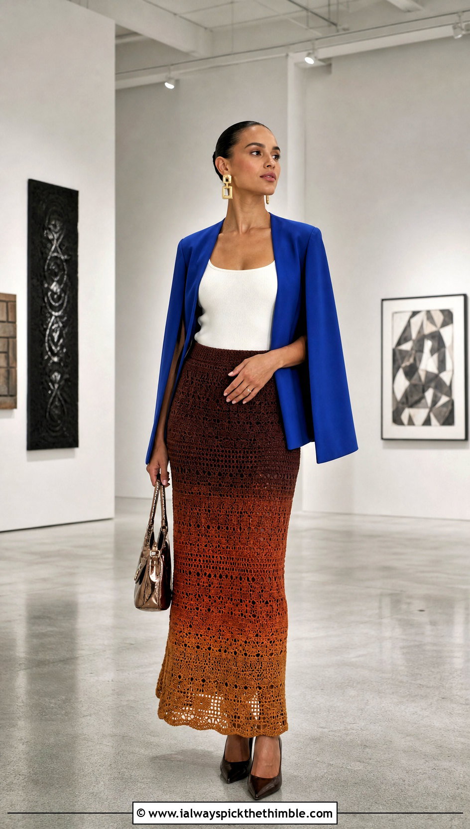 Brown Ombre Crochet Maxi Skirt With Cape Blazer - 20 Brown Crochet Maxi Skirt outfit ideas