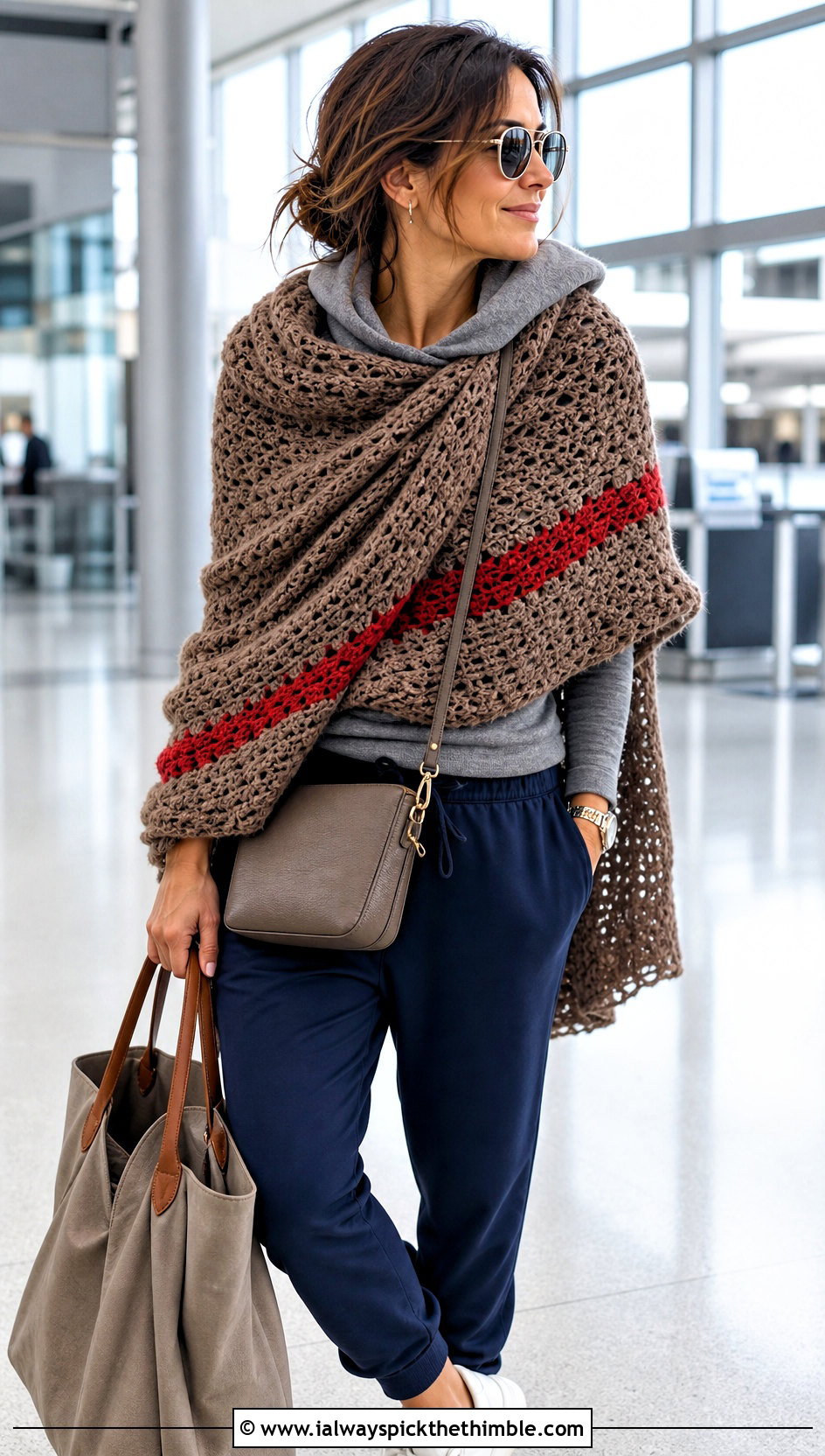 Brown Oversized Crochet Wrap Shawl With Hoodie And Joggers - 15 Brown Crochet Shawl outfit ideas